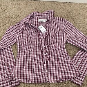 Hollister Women's Burgundy Plaid Button Down Shirt